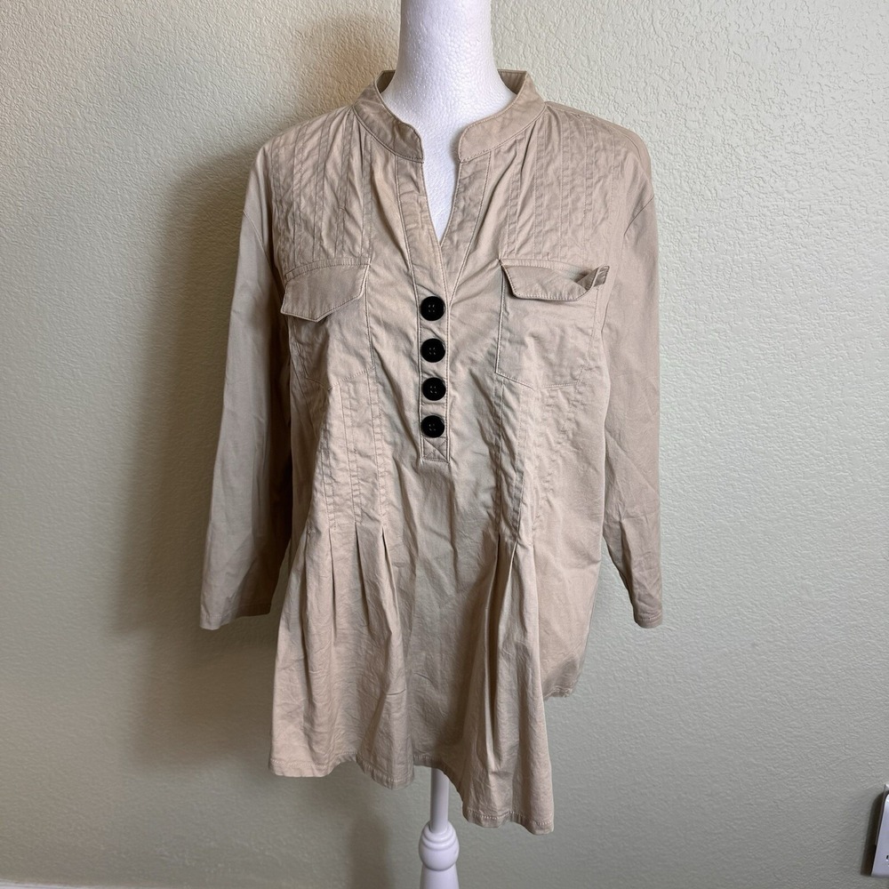 Cocomo‎ Women's Blouse Pleated Size L 3/4 Sleeve Tan Boho Peasant Pleated